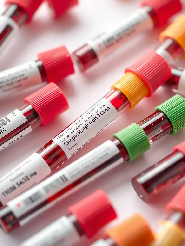 A close-up shot of various blood sample tubes labeled for different tests, highlighting the comprehensive range of blood work offered by AZ Mobile Stick.