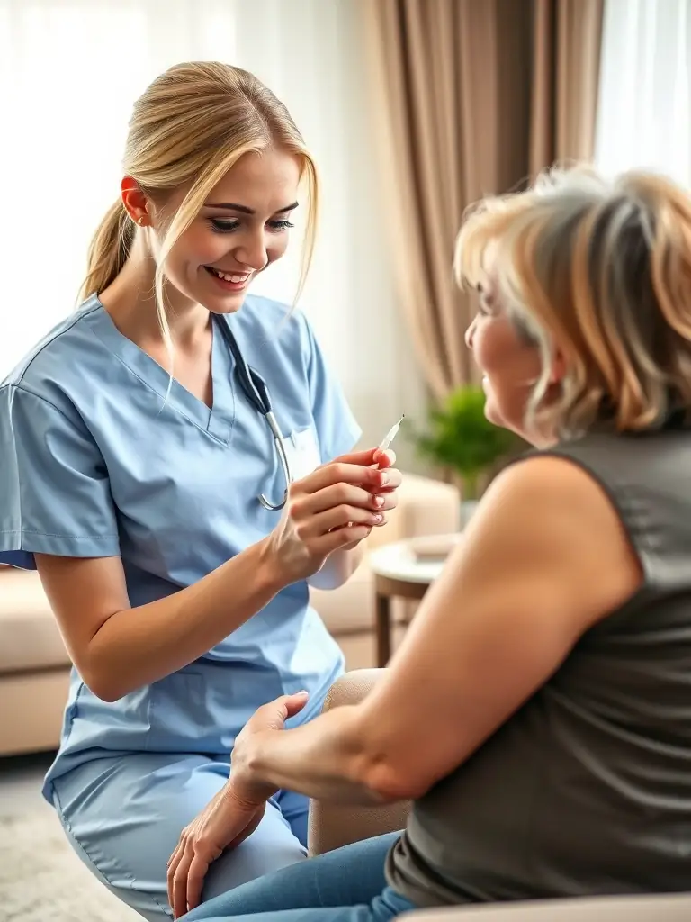 A friendly nurse performing a blood draw in a patient's living room, with a mobile medical kit, ensuring comfort and privacy.