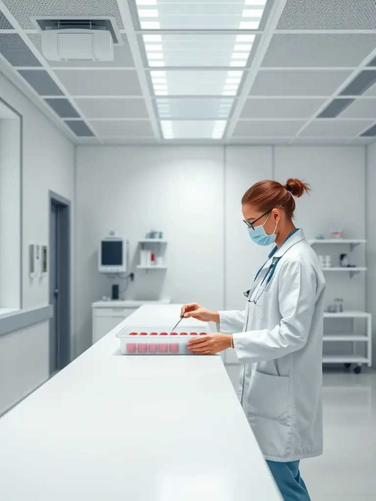 A clean, modern clinic room with a healthcare professional preparing for a blood draw, showcasing a professional and efficient environment.