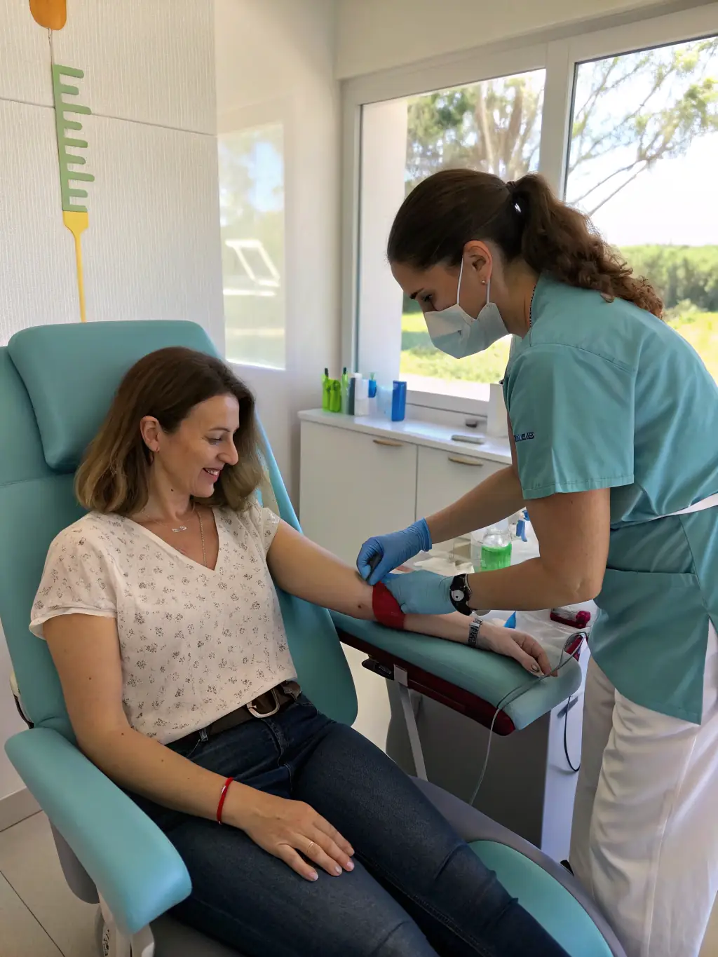 A friendly phlebotomist in a patient's home, preparing to draw blood with a smile, showcasing the comfort of AZ Mobile Stick's at-home service.