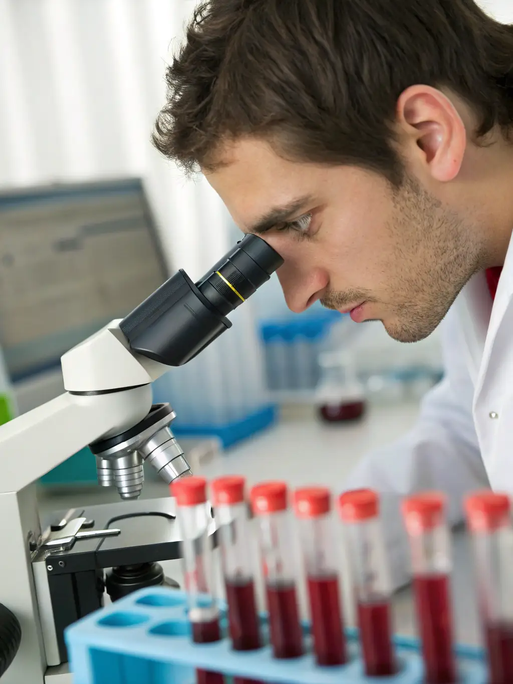 A phlebotomist carefully labeling blood sample vials in a well-lit, organized mobile lab setting.